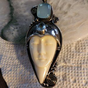 Vintage Moon Goddess Face Sterling Silver Pendant Chalcedony Topaz Aquamarine